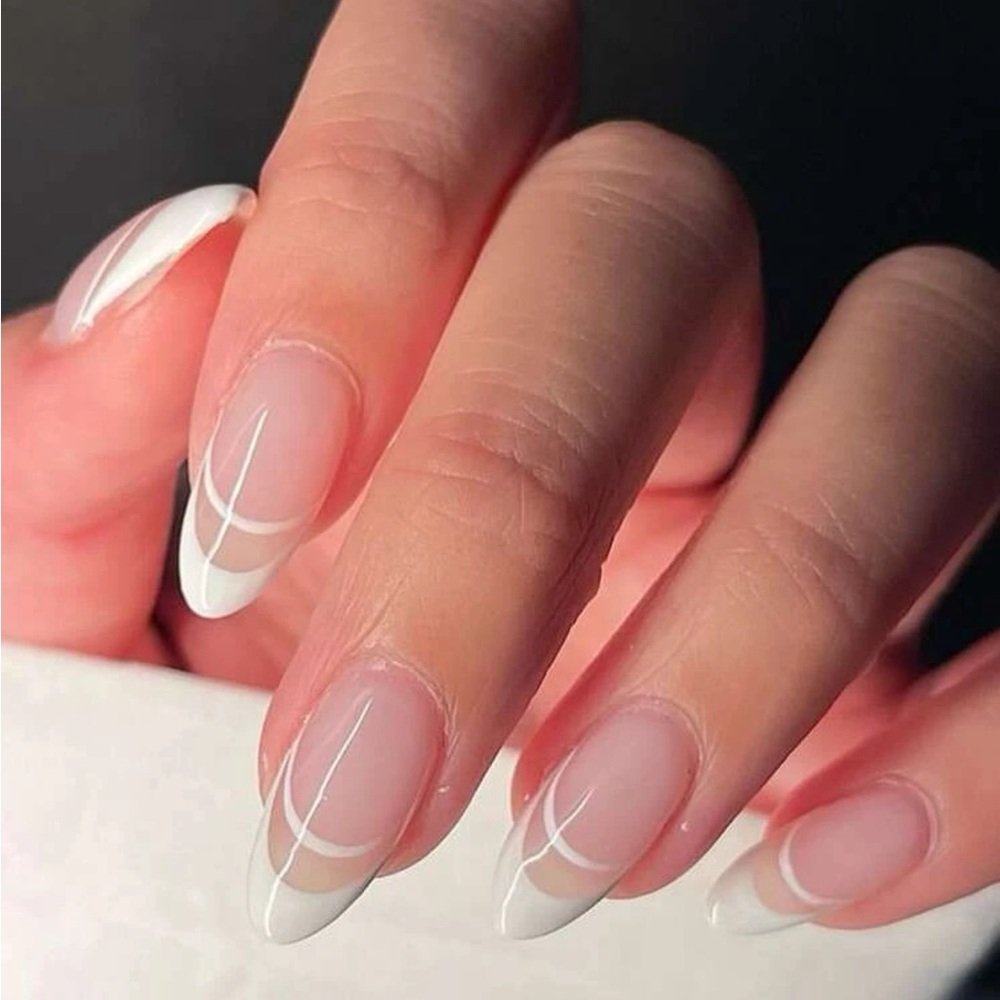 24pcs Short Almond White French Fake Nails & 1sheet Tape & 1pc Nail File Press